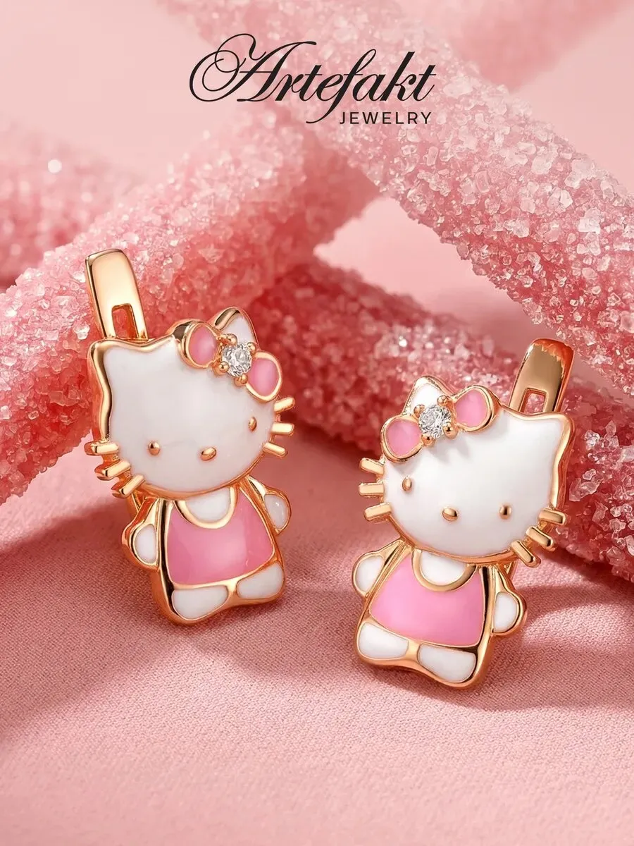 Серьги детские серебро 925 хеллоу китти золотое покрытие